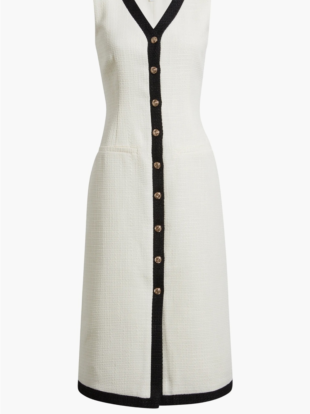 Zoe and Claire White Tweed V-Neck Dress with Black Trim & Gold Buttons